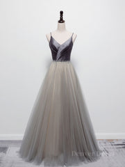 Simple gray v neck tulle long prom dress, gray tulle formal dress