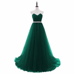 Simple Green Beaded Waist Tulle A-line Floor Length Party Dress Outfits For Girls, Green Formal Dress