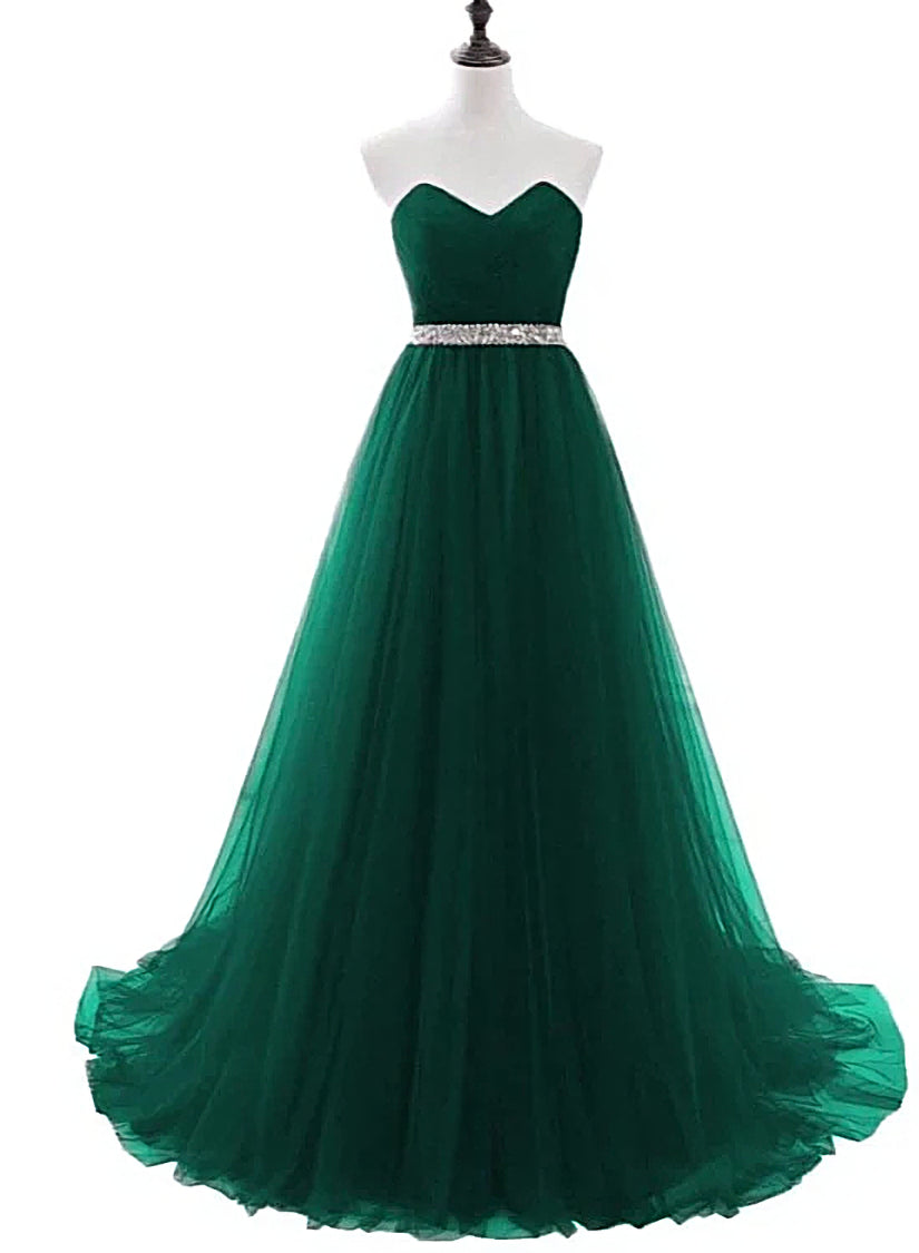 Simple Green Beaded Waist Tulle A-line Floor Length Party Dress Outfits For Girls, Green Formal Dress