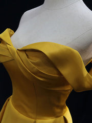 Simple Off Shoulder Yellow Satin Long Prom Dress Outfits For Girls, Yellow Formal Evening Dress