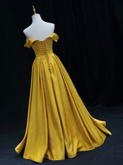 Simple Off Shoulder Yellow Satin Long Prom Dress Outfits For Girls, Yellow Formal Evening Dress