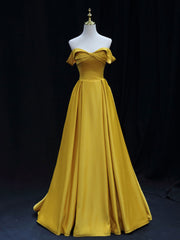 Simple Off Shoulder Yellow Satin Long Prom Dress Outfits For Girls, Yellow Formal Evening Dress