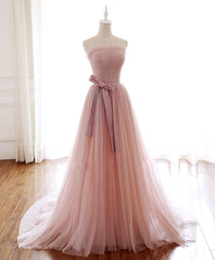 Simple Pink Tulle Long Prom Dress Outfits For Girls, Aline Pink Tulle Formal Party Dresses