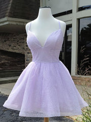 Simple Purple V Neck Tulle Short Prom Dresses For Black girls For Women, Purple Homecoming Dresses