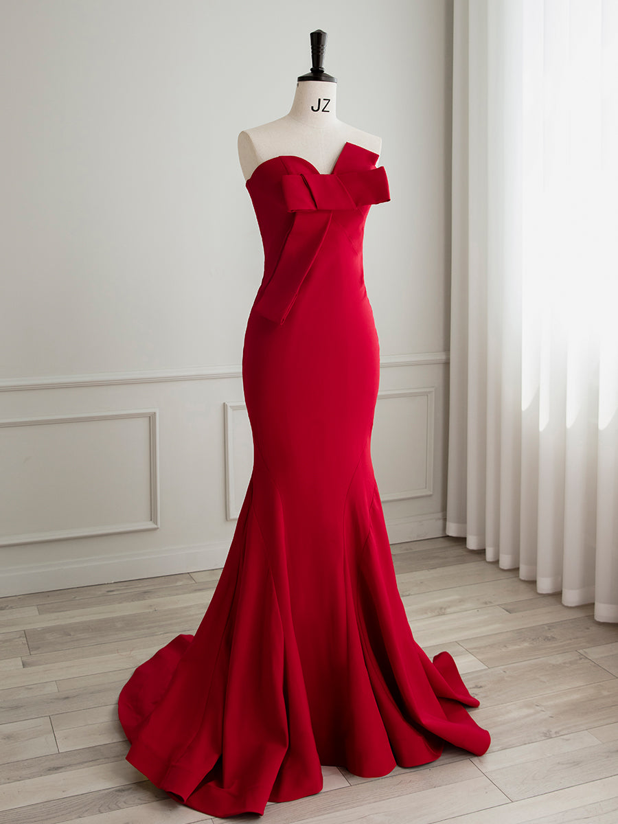 Simple Red Satin Mermaid Long Prom Dress Outfits For Girls, Red Formal Evening Dress