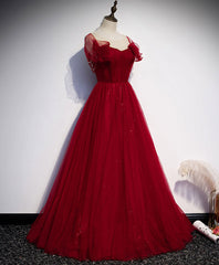 Simple Round Neck Tulle Burgundy Long Prom Dress Outfits For Girls, Burgundy Formal Dresses