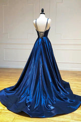 Simple Satin Long A-Line Prom Dress Outfits For Girls, Blue Spaghetti Strap Evening Party Dress