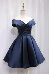 Simple Satin Short Prom Dress Outfits For Girls, Off Shoulder Blue Party Dress