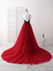 Simple Sweetheart Burgundy Tulle Long Prom Dress Outfits For Girls, Evening Dress