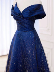Simple Tulle Satin Dark Blue Long Prom Dress Outfits For Girls, Blue Formal Evening Dress