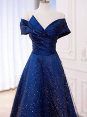 Simple Tulle Satin Dark Blue Long Prom Dress Outfits For Girls, Blue Formal Evening Dress