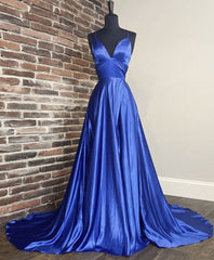 Simple V Neck Blue Satin Long Prom Dress Outfits For Women Blue Formal Dress