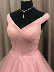 Simple V Neck Tulle Long Pink Prom Dress Outfits For Girls, Pink Tulle Formal Dresses