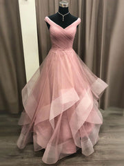 Simple V Neck Tulle Long Pink Prom Dress Outfits For Girls, Pink Tulle Formal Dresses