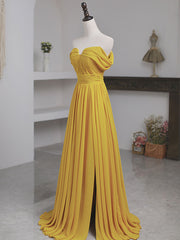 Simple Yellow Off Shoulder Long Prom Dress Outfits For Girls, Yellow Chiffon Graduation Dresses