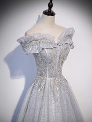 Sliver-Grey Shiny Tulle Off Shoulder Prom Dress Outfits For Girls, Sliver Long Party Dresses