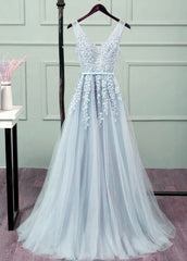 Sliver-Grey Tulle Long Lace V-neckline Party Dress Outfits For Girls, Floor Length Prom Dress