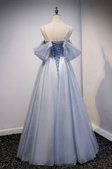 Spaghetti Straps Blue Tulle Long Prom Dress Outfits For Girls, Off the Shoulder Evening Dress