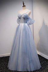 Spaghetti Straps Blue Tulle Long Prom Dress Outfits For Girls, Off the Shoulder Evening Dress
