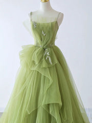 Spaghetti Straps Green Tulle Long Prom Dresses For Black girls For Women, Green Tulle Long Formal Evening Dresses