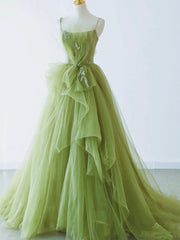 Spaghetti Straps Green Tulle Long Prom Dresses For Black girls For Women, Green Tulle Long Formal Evening Dresses