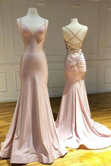 Vaaleanpunainen spagettihihnat merenneito pitkä prom -mekko, yksinkertainen muodollinen puku
