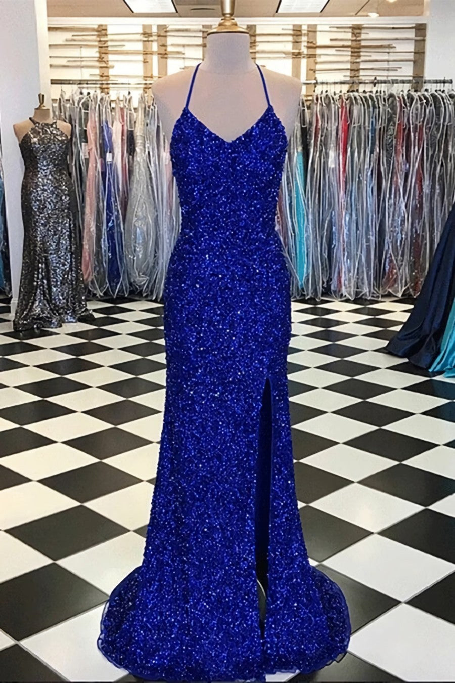 Sparkly Sheath Royal Blue Prom Dresses For Black girls For Women, Evening Dresses For Black girls with Slit