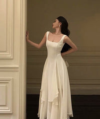 Square Neck White Asymmetric A-Line Long Evening Dress