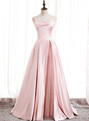 Strapless A-line Pink Satin Prom Dresses For Black girls For Women, Pink Satin Long Party Dress