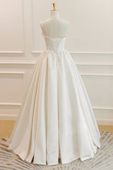 Thin Straps Open Back Ivory Satin Long Prom Dresses with Pearls, Long Ivory Formal Graduation Evening Dresses