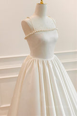 Thin Straps Open Back Ivory Satin Long Prom Dresses with Pearls, Long Ivory Formal Graduation Evening Dresses
