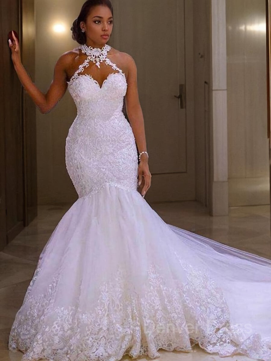 Mermaid Halter Sweep Train Tulle Wedding Dresses For Black girls With Appliques Lace