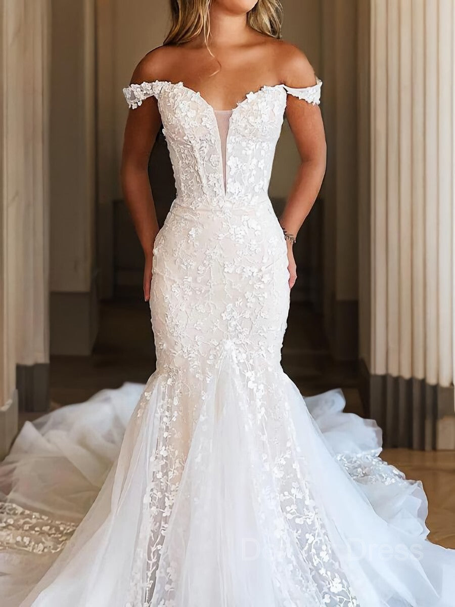 Mermaid Off-the-Shoulder Cathedral Train Tulle Wedding Dresses
