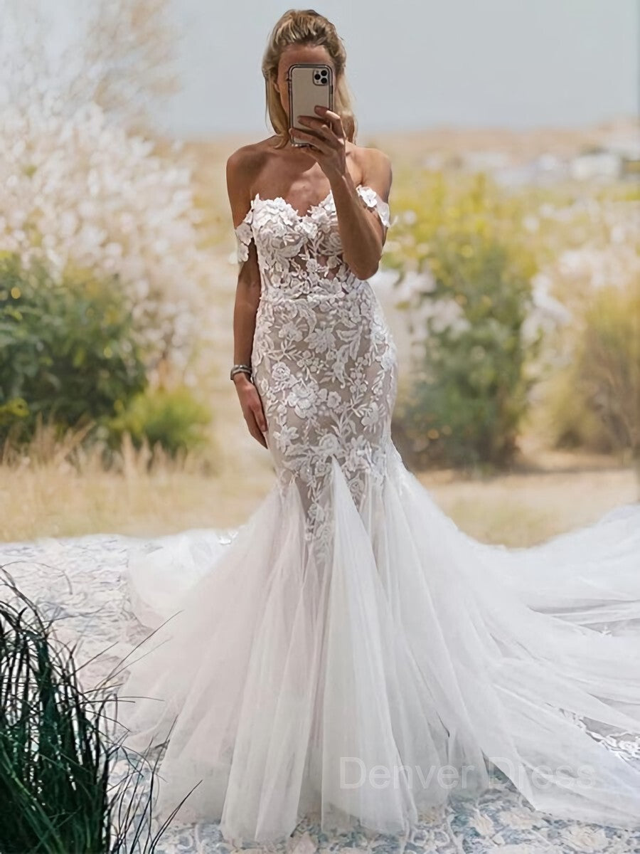 Mermaid Off-the-Shoulder Cathedral Train Tulle Wedding Dresses For Black girls With Appliques Lace