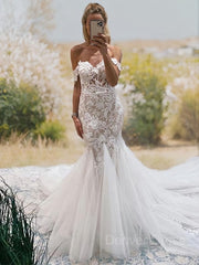 Mermaid Off-the-Shoulder Cathedral Train Tulle Wedding Dresses For Black girls With Appliques Lace