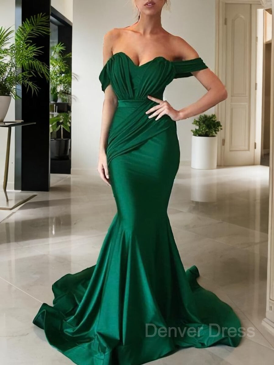 Mermaid Off-the-Shoulder Sweep Train Jersey Prom Dresses For Black girls With Ruffles