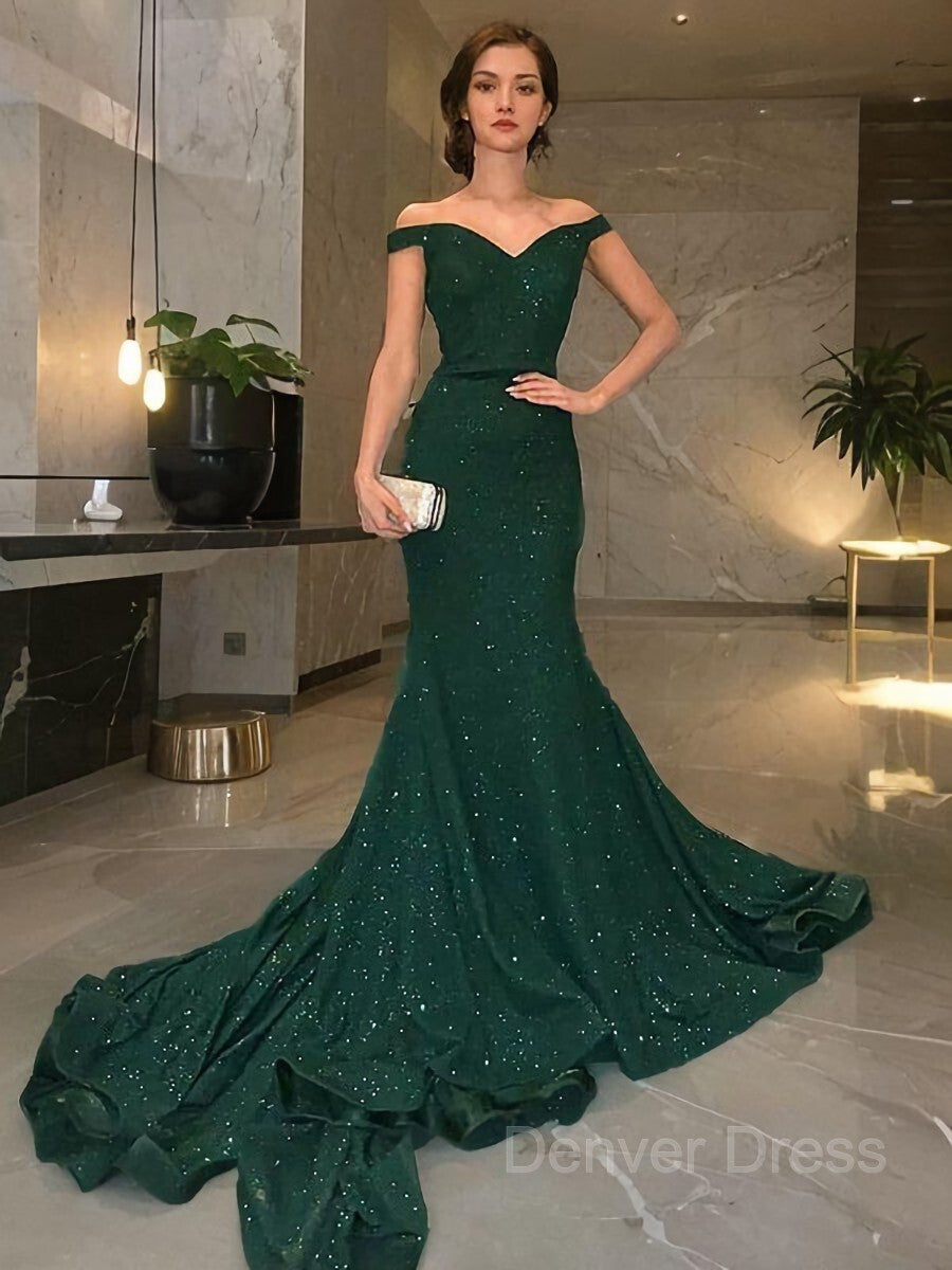 Mermaid Off-the-Shoulder Sweep Train Sequins Evening Dresses For Black girls With Ruffles