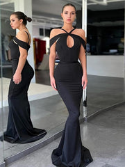 Mermaid Off-the-Shoulder Sweep Train Stretch Crepe Evening Dresses For Black girls With Ruffles