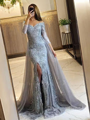 Mermaid Off-the-Shoulder Sweep Train Tulle Evening Dresses For Black girls With Leg Slit