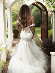 Mermaid Off-the-Shoulder Sweep Train Tulle Wedding Dresses For Black girls With Appliques Lace