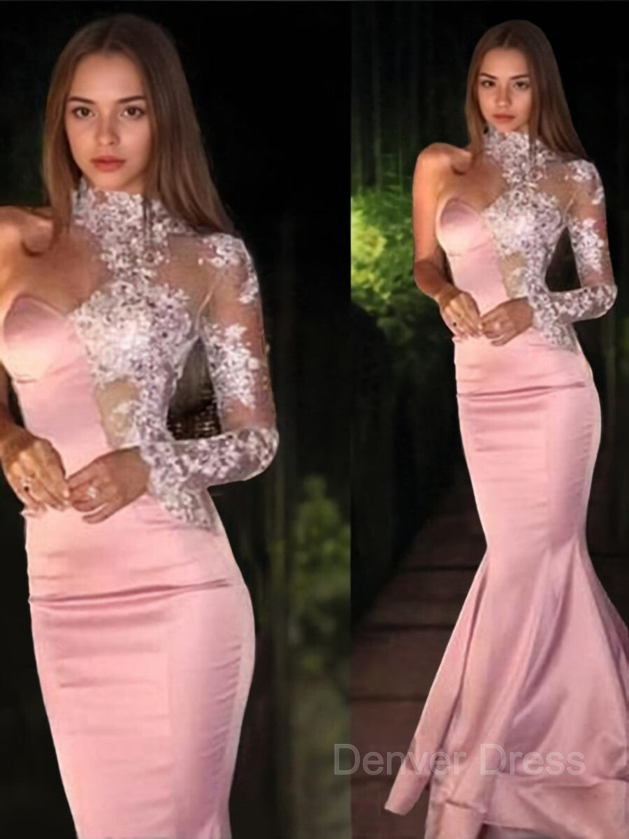 Mermaid One-Shoulder Sweep Train Elastic Woven Satin Prom Dresses For Black girls With Appliques Lace