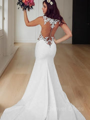 Mermaid Scoop Sweep Train Stretch Crepe Wedding Dresses For Black girls With Appliques Lace