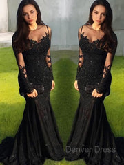 Mermaid Sheer Neck Sweep Train Tulle Evening Dresses For Black girls With Appliques Lace