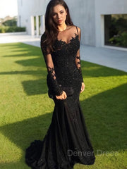 Mermaid Sheer Neck Sweep Train Tulle Evening Dresses For Black girls With Appliques Lace