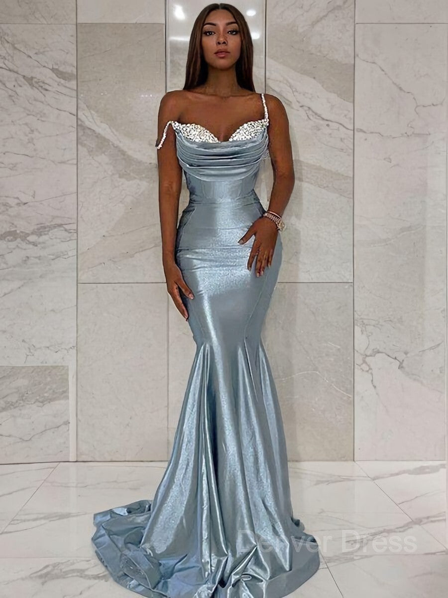 Mermaid Straps Sweep Train Prom Dresses For Black girls With Ruffles