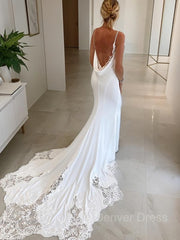 Mermaid V-neck Cathedral Train Charmeuse Wedding Dresses For Black girls With Appliques Lace