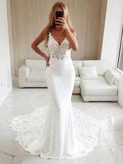 Mermaid V-neck Cathedral Train Stretch Crepe Wedding Dresses For Black girls With Appliques Lace