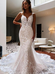 Mermaid V-neck Cathedral Train Tulle Wedding Dress Outfits For Women with Appliques Lace
