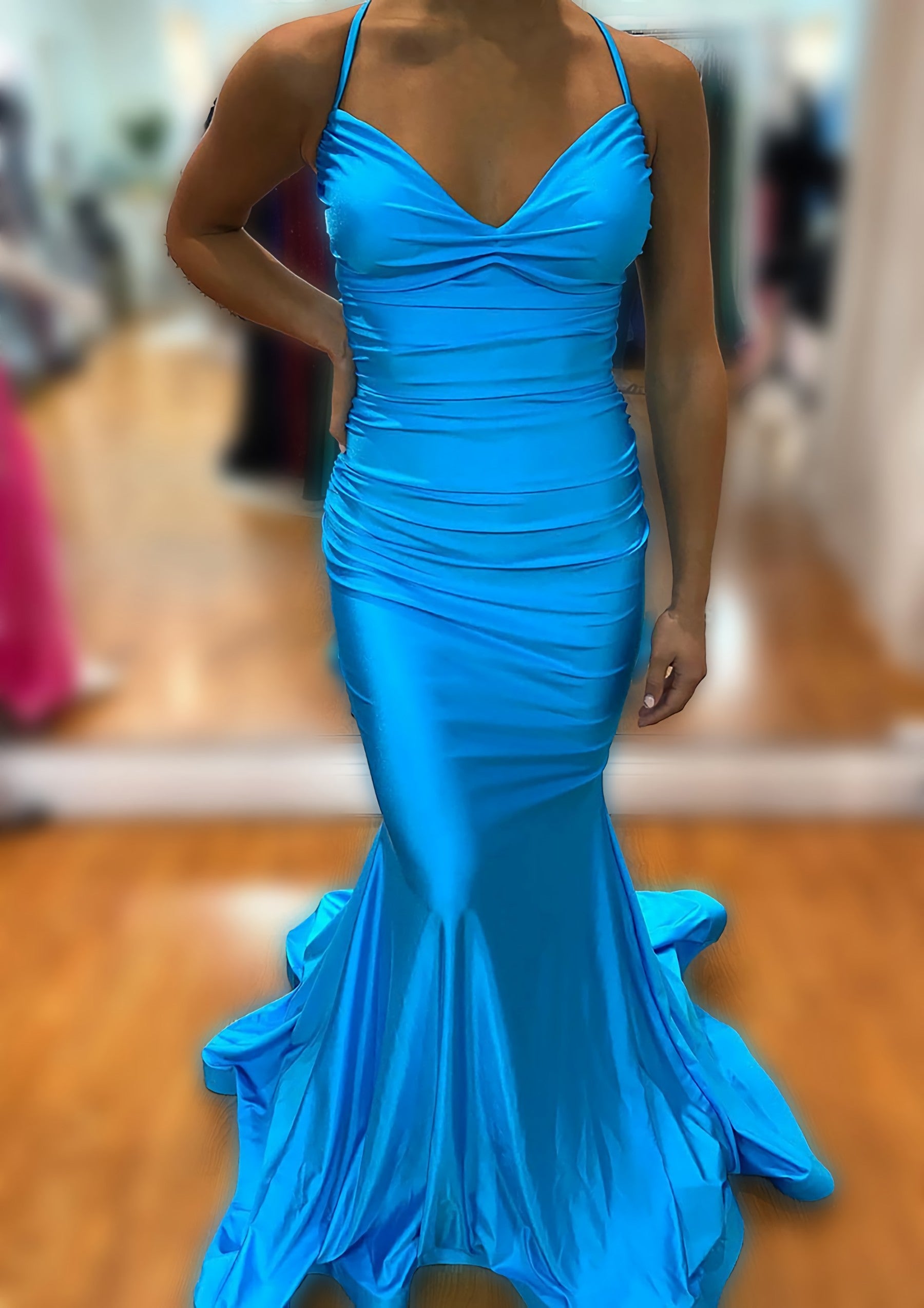 Trumpet Mermaid V Neck Sleeveless Sweep Train Jersey Prom Dress Outfits For Women With Pleated