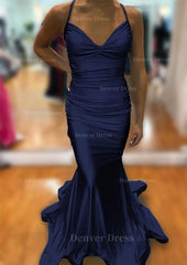 Trumpet Mermaid V Neck Sleeveless Sweep Train Jersey Prom Dress Outfits For Women With Pleated